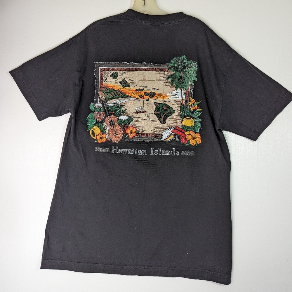 Vintage 90s Y2K Hawaiian Islands Artwork Shirt Light Fade Black Large Unisex
